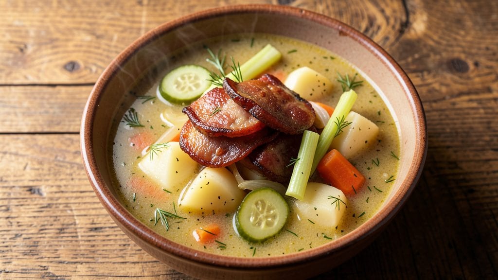 Polish Dill Pickle Soup Recipe: Tangy, Creamy Comfort with Crunchy Topping